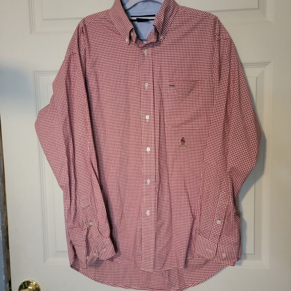 Tommy Hilfiger Mens M Red/White Gingham Button Down Long Sleeve Pocket Logo